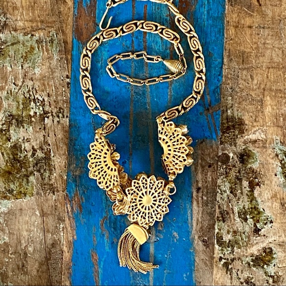 VTG Elaborate Crystal Gold-tone Floral Statement Necklace - Picture 7 of 12